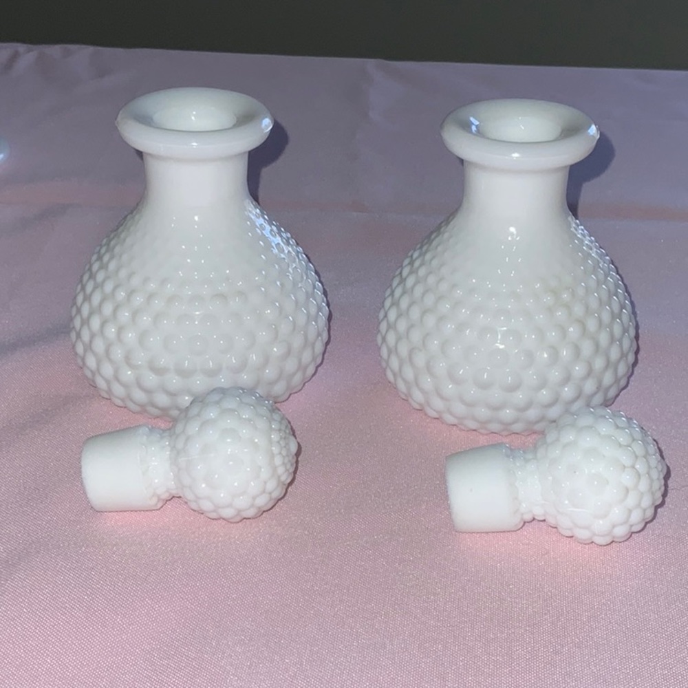 Vintage Milk Glass Hobnail Cologne Perfume Decanters w Stoppers Set of 2 1960s